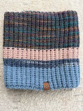 Buff Light Blue Knit Neck Warmer with Leather Logo. Never worn.